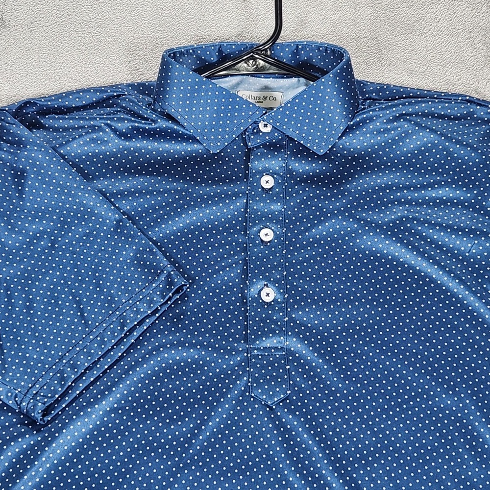 Collars & Co. Polo Shirt Mens Large Blue Dot Dress Collar Performance Stretch